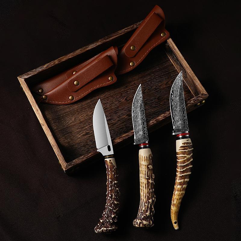 Multi-functional Knife with Angular Handle, Stainless Steel Damascus Pattern Meat Cutting Kitchen Knife, Sharp Fixed Blade Knife with Sheath, Good helper tool for Home Cooking and Outdoor Camping.