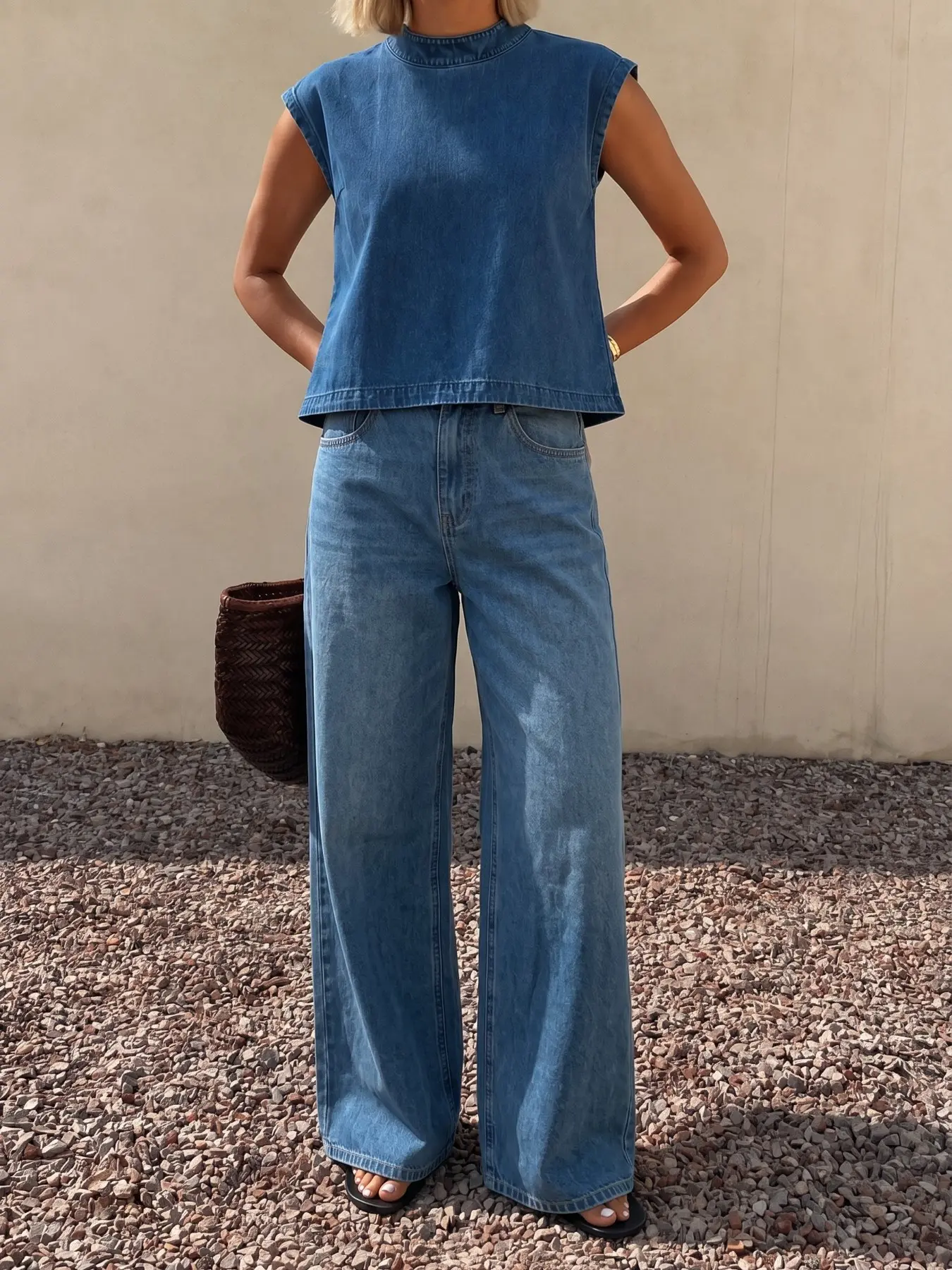 Women's 2-Piece Denim Set, Sleeveless High Neck Loose Top & Wide Leg Pants, Casual Western Style, Spring Fall Fashion