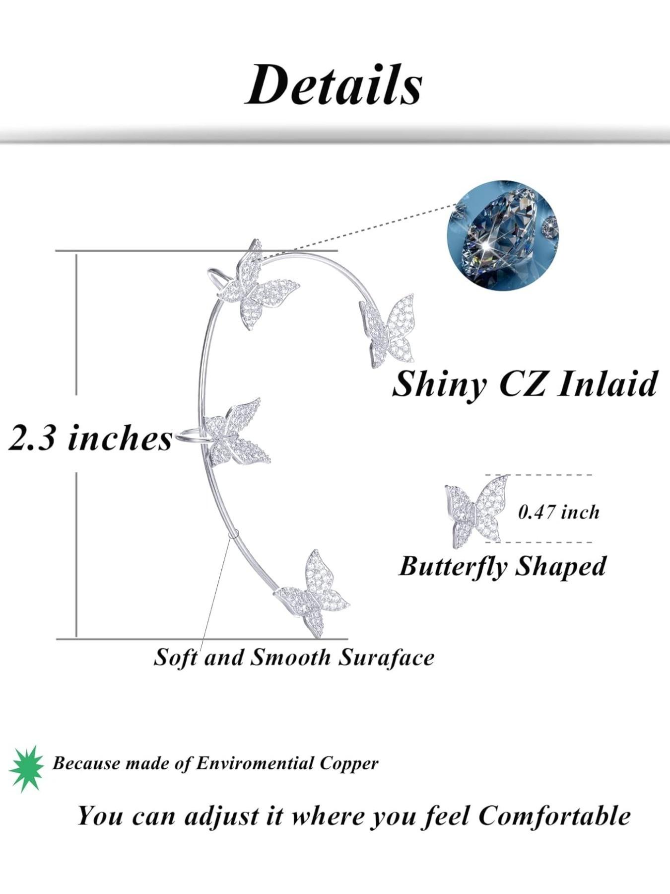 4Pcs Butterfly Long Tassel Ear Cuff Dangle Chain Earrings Wrap Crawler CZ Ear Clip Wrap Around Fake Earrings for Women Silver Gold Tone Right Ear