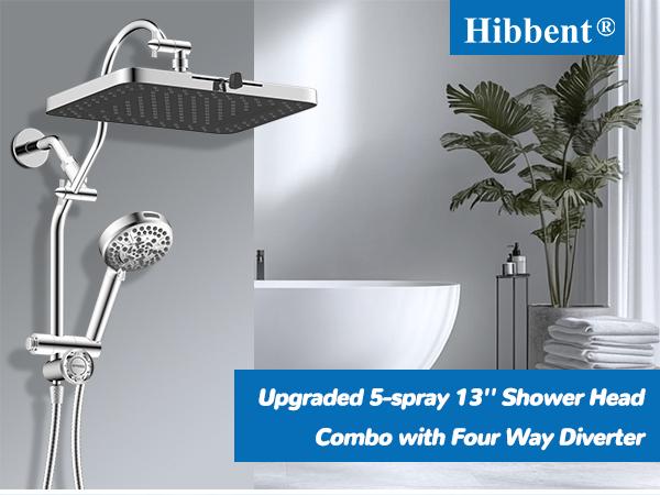 Hibbent Upgraded  5-spray 13'' Shower Head for Easy Reach, High Pressure Rainfall Showerhead Combo with 10-mode Handheld Spray, cUPC Certified ,12'' Extension Arm, 4-way Diverter, 71'' Hose, Showerhead Holder, Chrome