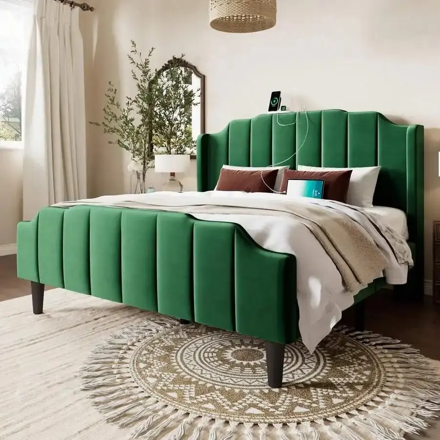 Allewie Classic Queen/Full Fit Velvet Platform Bed Frame, Curved Wings Tufted Detail Wingback Headboard & Footboard, Charging Station, Easy Assembly, Under Storage, No Box Spring Required, Green