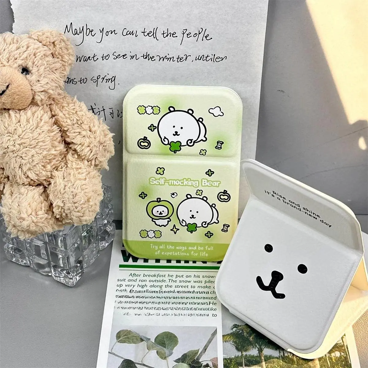 Kawaii Nagano Joke Bear Folding Compact Mirror Cute Self-mocking Bear Portable Pocket Mirror Perfect for Makeup & Daily Use