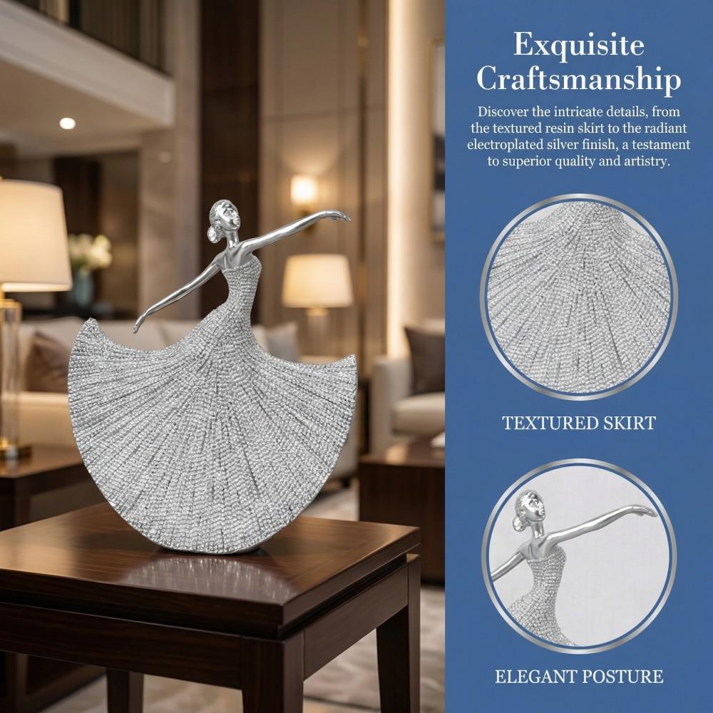 Silver Ballerina Resin Statue, Beaded Textured Dancer Decor, Luxury Art Figurine, Modern Home Accent, Tabletop Shelf Ornament
