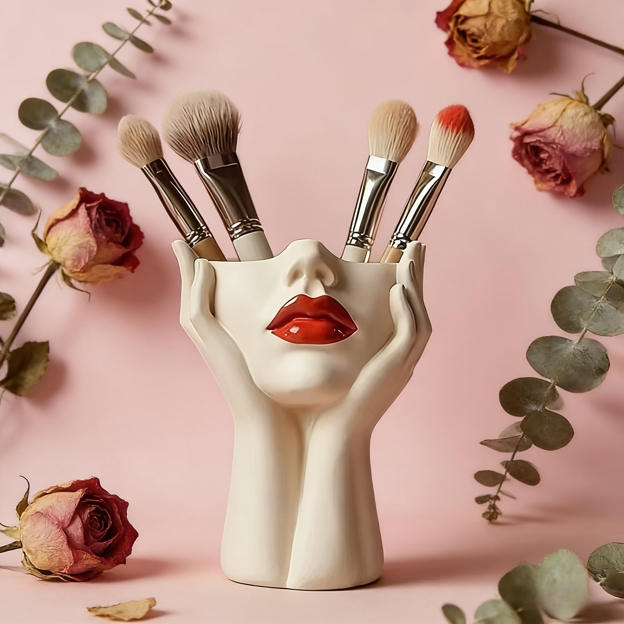 1pc Elegant Resin Makeup Brush Holder with a Red Lip Design - a Lightweight Synthetic Resin Cosmetic Organizer, Pen Holder, and Freestanding Desktop Organizer for Use in the Bathroom or on a Dressing Table.
