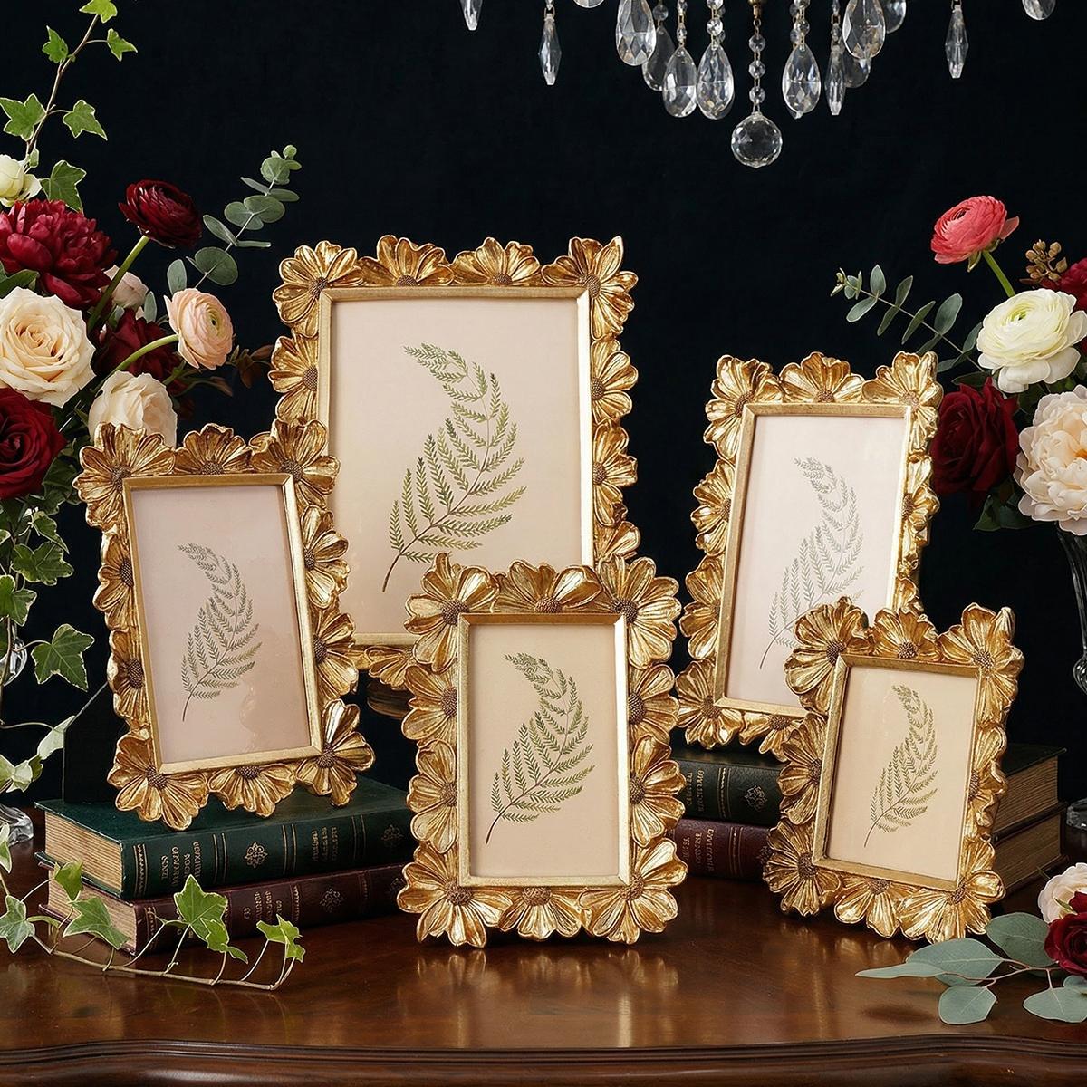 European Style Daisy Flower Pattern Frame, Resin Hand-Painted Photo Display, Indoor Desktop Decor, Wedding, Party Decoration