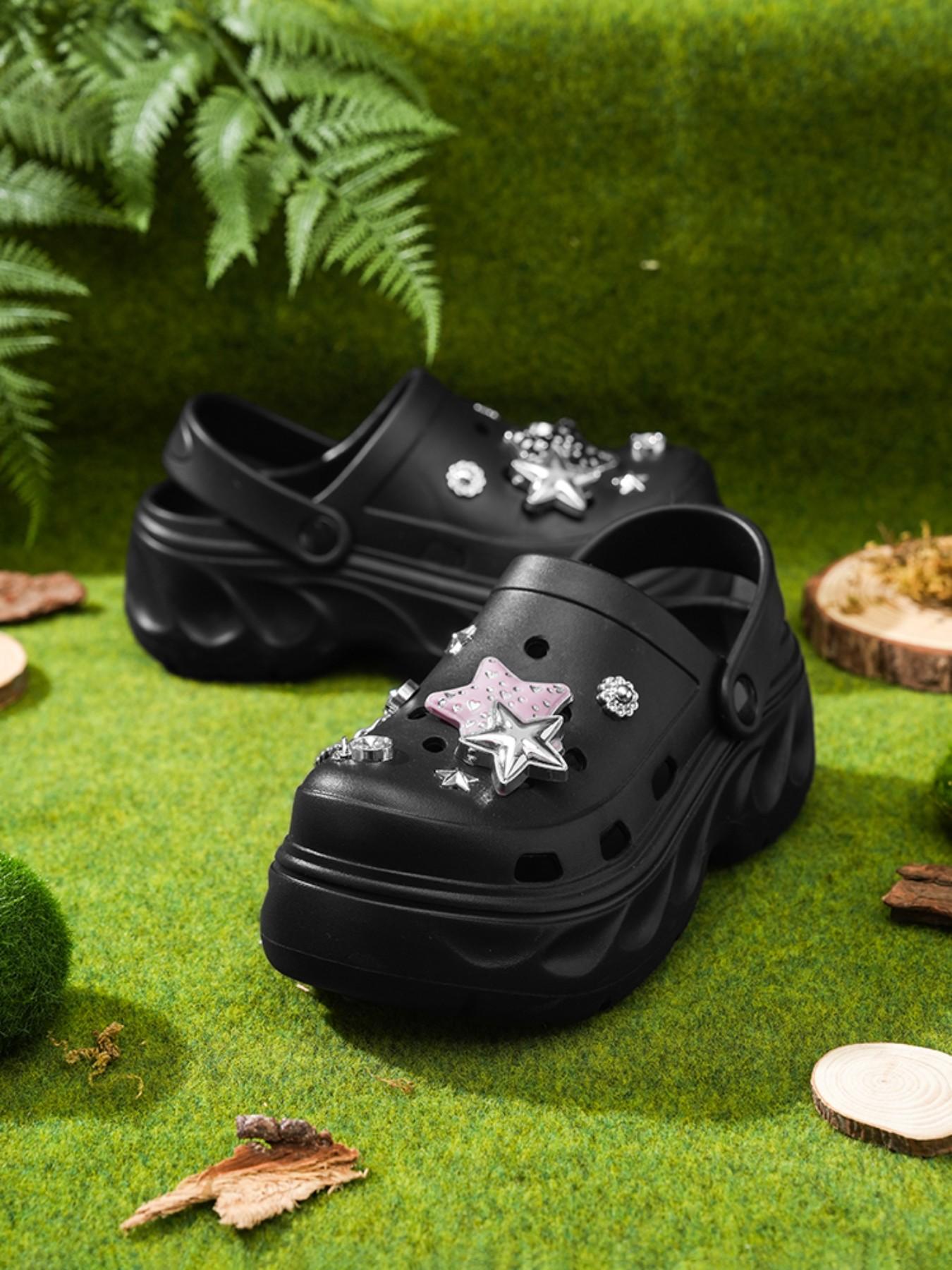 Fashion New Women's Holey Shoes, Floral Embellishment, Fun Hollow Design, Durable Thick Sole, Casual Summer Sandals, Comfortable Slip-Ons