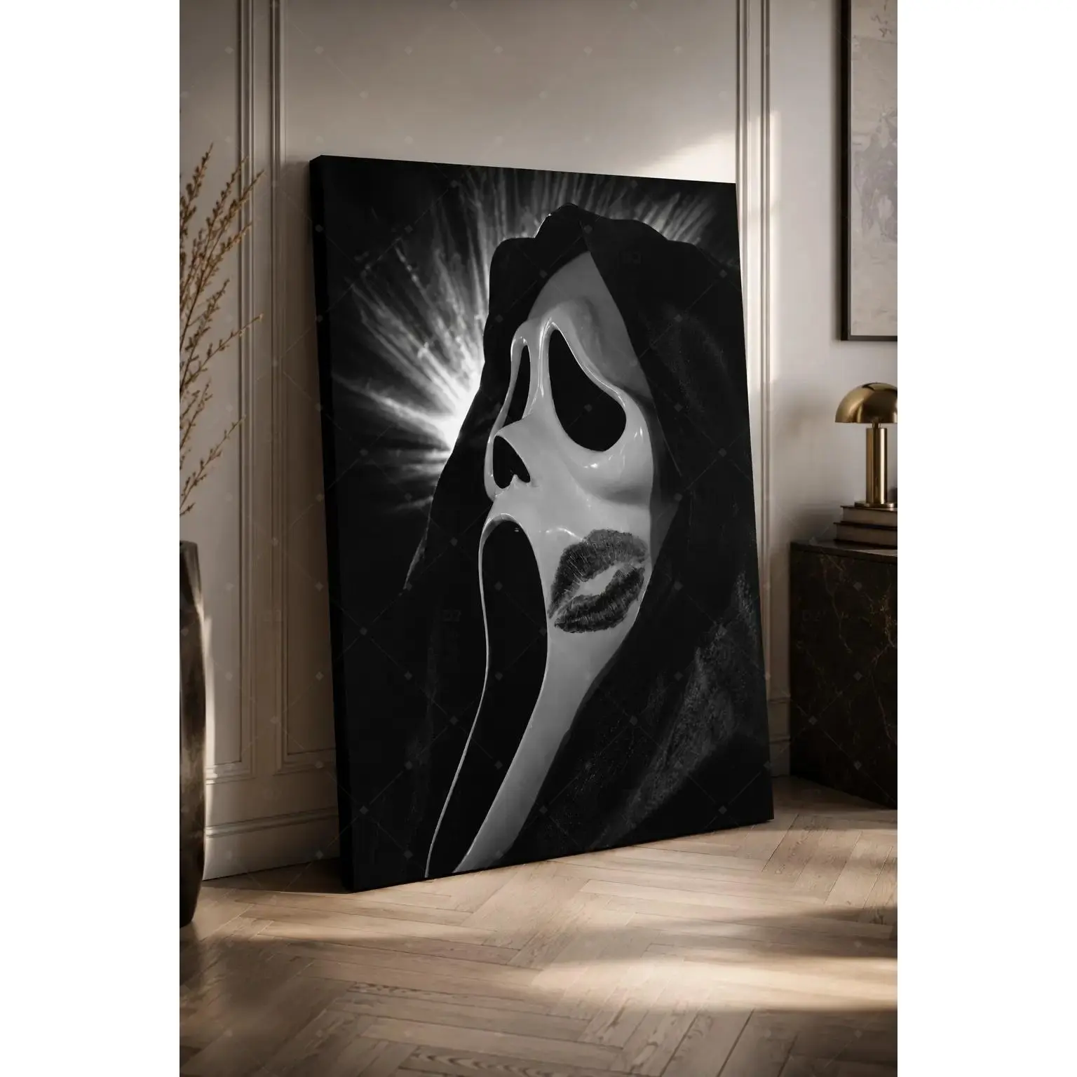 Glossy Hollow Wood Decorative Black-and-White Hooded Horror Mask Poster, Burst Dramatic Screaming Face Canvas Art, Gothic Thriller Wall Decor for Bedroom, Gaming Room, Dark Modern Interior