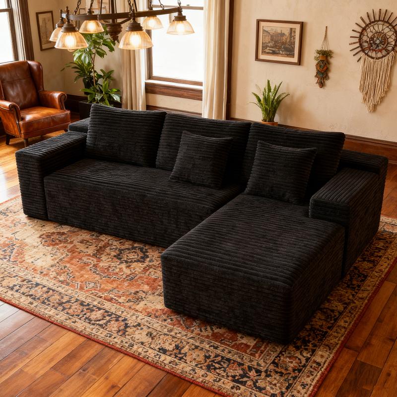 104" sofa living room Black Plush Corduroy Cloud VelvetModular Couches with Chaise, NoAssembly Required -L-ShapedSectional Sofa Set with FlexibleConfiguration boneless sectional furniture