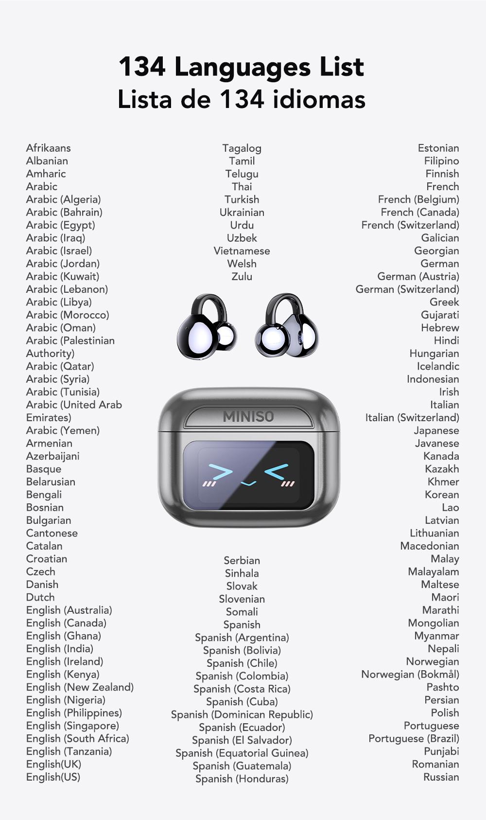 MINISO MS201 Translation Headphones, Support 134 Languages ​​Translation with APP, Clip-on Wireless Earphones, Color Touch Screen, Bluetooth 6.0, Suitable for Sports, Running and Work, HIFI Stereo Earbuds