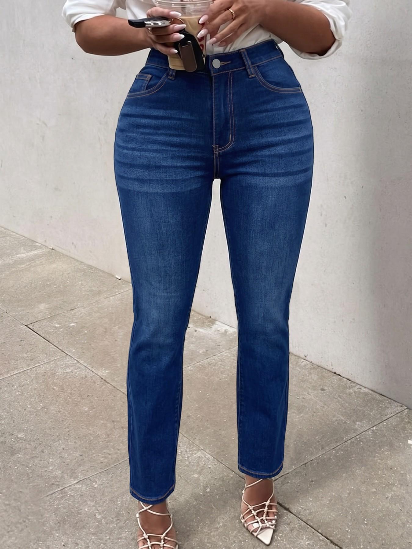 Women's Dark Wash High Waisted Fleece Lined Stretch Slim Fit Cropped Ankle Jeans, Classic Daily Casual Fashion Denim for Shopping Office, Fall Winter