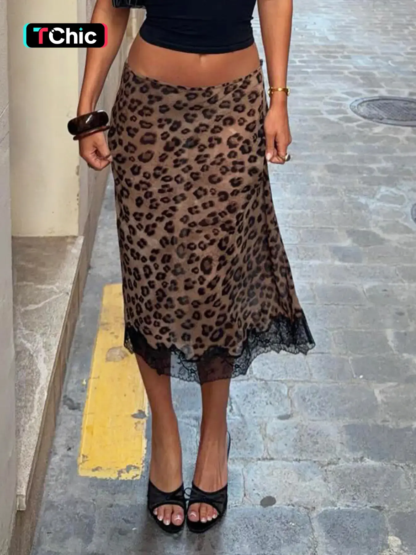 Street Retro Lace Patchwork Leopard Print Midi Skirt, Women's Y2K Aesthetic Summer Low Waist Skirt, Fashionable Layered Hem Design