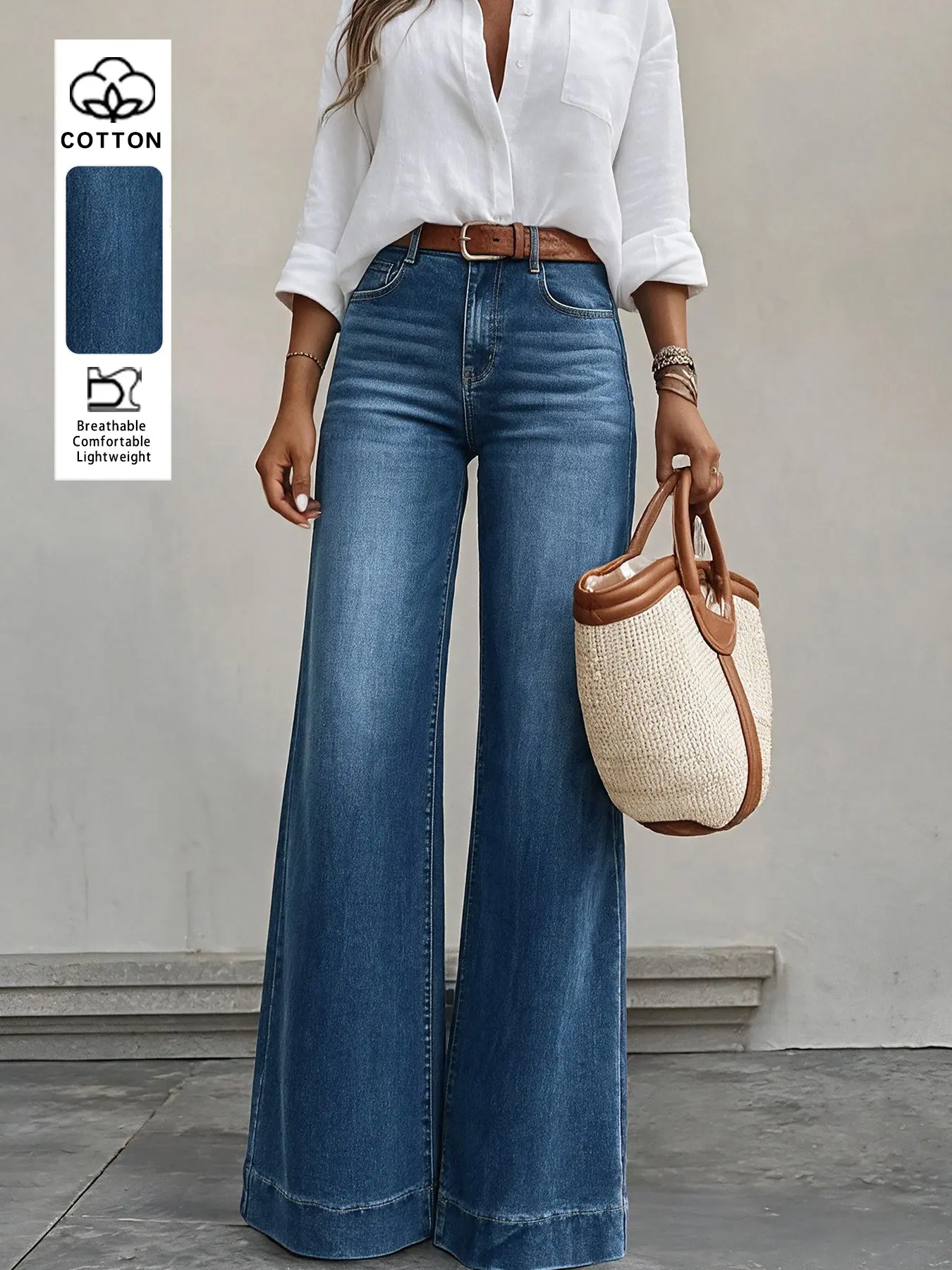 Women's Mid-Waist Loose-Fit Jeans, Casual Five-Pocket Straight Leg Bell Bottoms, Elastic Stretch, All-Season Long Pants