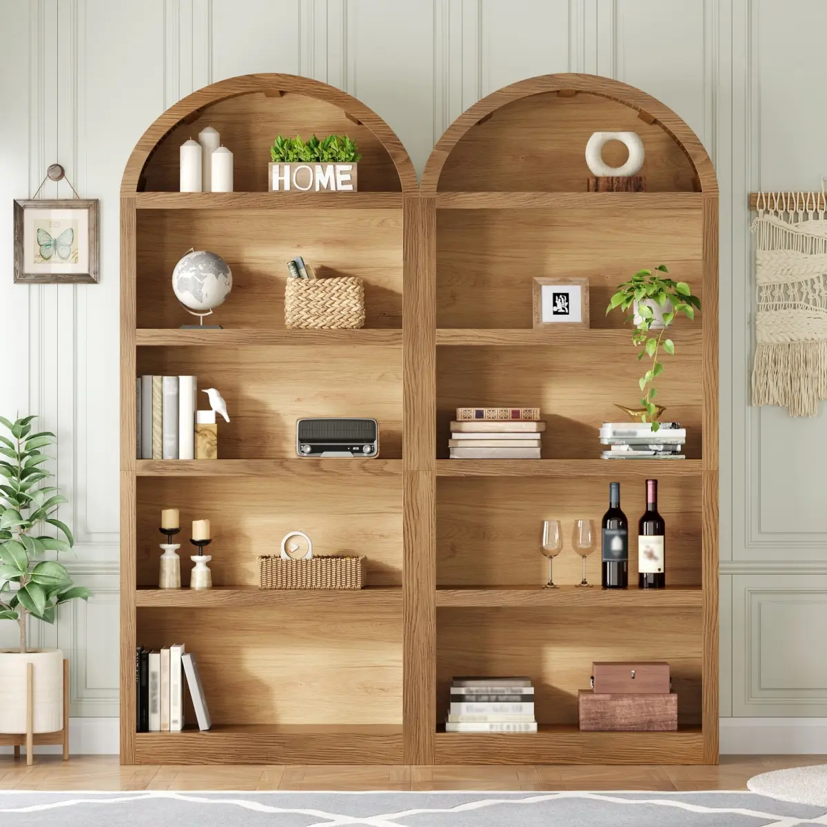 [Bellemave] Freestanding Tall Bookshelves Set of 2, Farmhouse Open Storage Cabinet with Arched Top, 5-Tier Display Bookcase for Living Room, Bedroom, Home Office