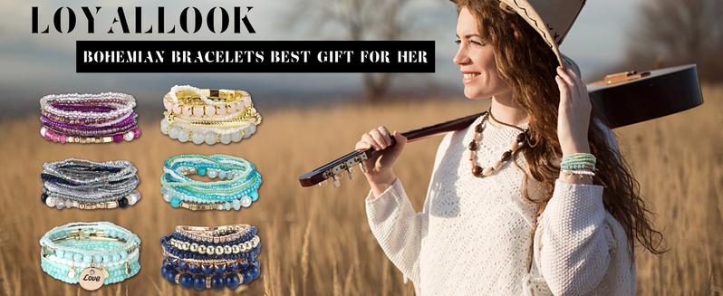 LOYALLOOK 6 Sets Bohemian Stackable Bead Bracelets for Women Stretch Bohemian Style Stretch Multilayered Boho Bracelet Set