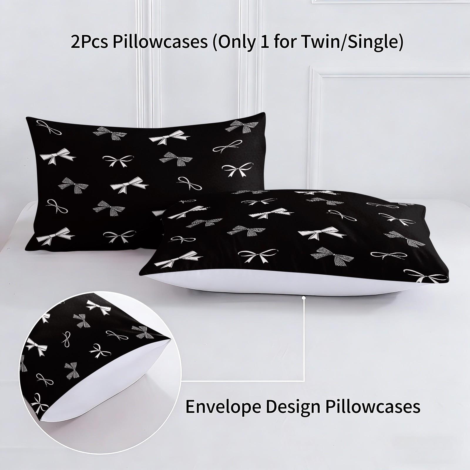 2/3Pcs Black Bow Print Comforter Set, Soft Microfiber Bedding Set with Pillowcases, Coquette Aesthetic Quilt, All Season Lightweight Digital Printed Bed Set for Girls Teens Bedroom Decor