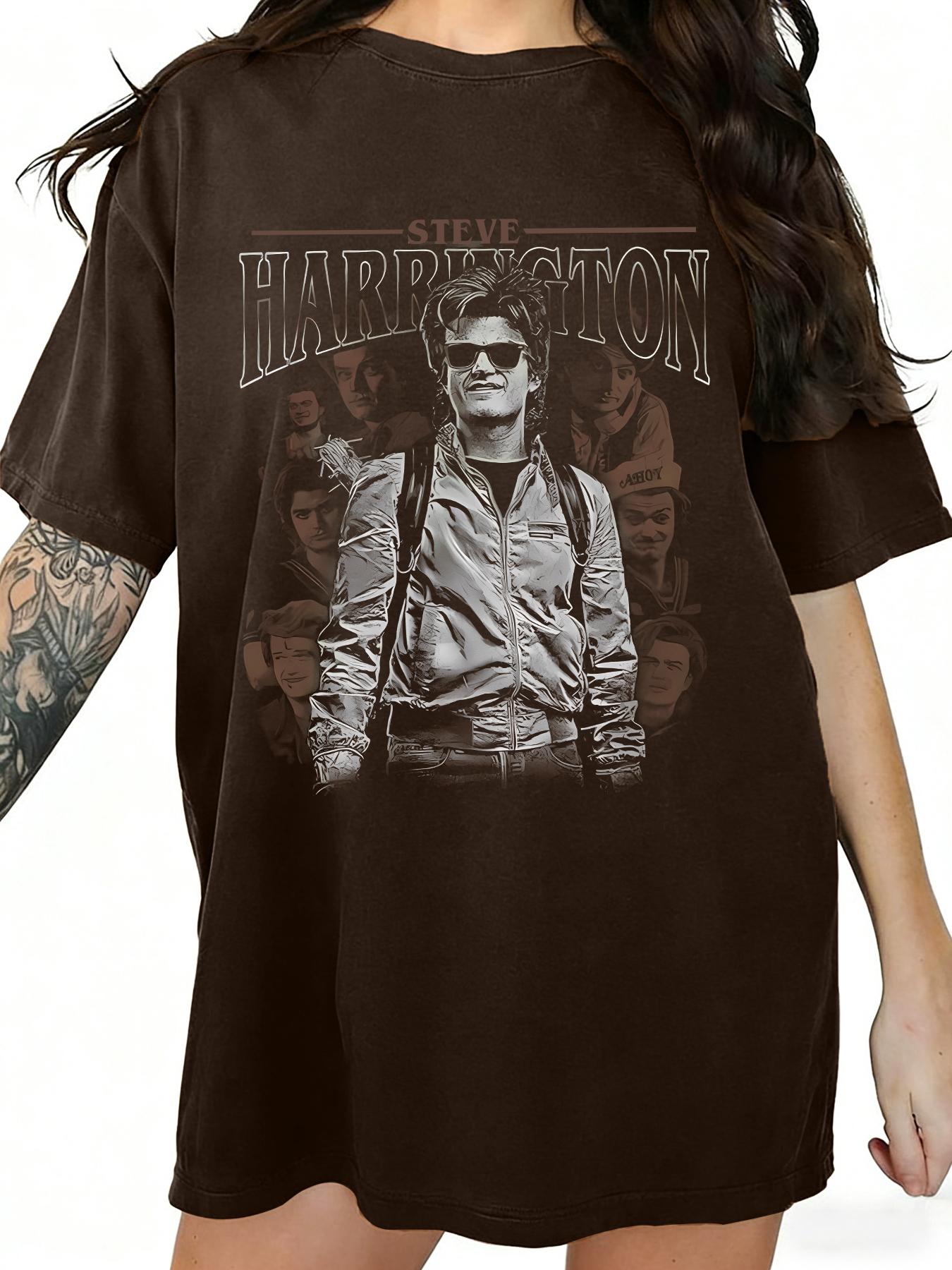 Women's Oversized Streetwear Stranger Things Steve Harrington Graphic T-Shirt | Vintage Distressed Tunic Tee | Casual Loose Fit Fan Merch Shirt for Women | Retro TV Show Graphic Tee | Comfortable Baggy Tshirt with Character Print
