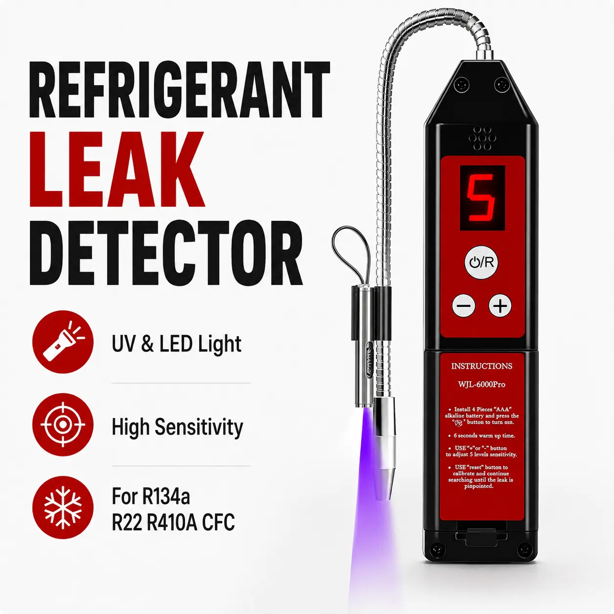 Professional Freon Leak Detector for Car AC & HVAC Systems, 0.14 oz/yr High Sensitivity Refrigerant Gas Sniffer with UV and LED Inspection Light