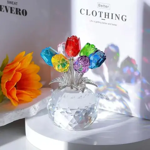 Crystal Glass Rose Bouquet, Eternal Rose Flower, Colorful Artificial Flowers with Gem Decorations, Elegant Flower Design, Perfect Anniversary Gift or Home Decoration, Fake Bouquet, Decorative Flowers