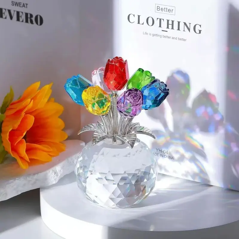 Crystal Glass Rose Bouquet, Eternal Rose Flower, Colorful Artificial Flowers with Gem Decorations, Elegant Flower Design, Perfect Anniversary Gift or Home Decoration, Fake Bouquet, Decorative Flowers