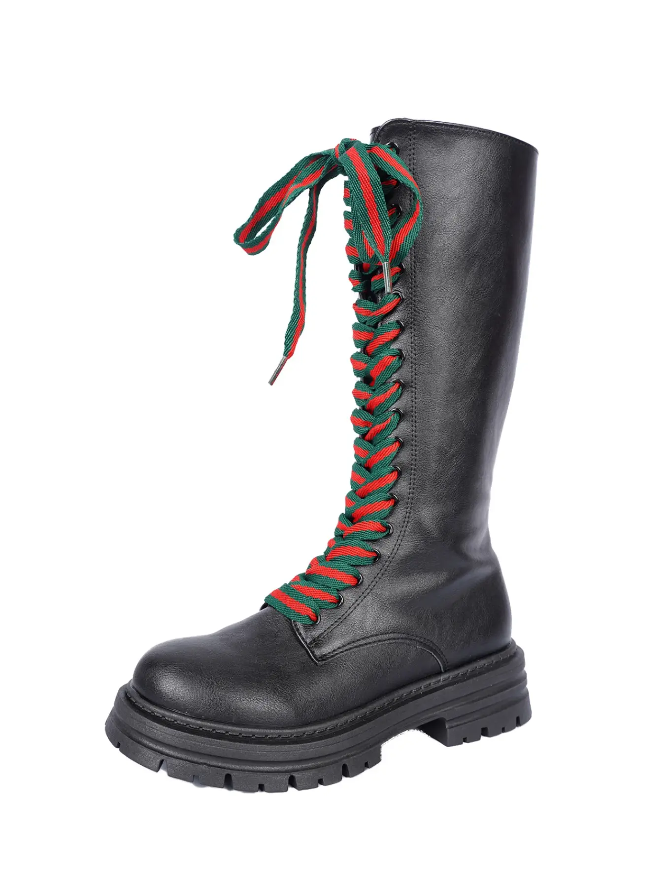 Women Lace‑Up Knee High Platform Combat Boots Slip‑Resistant Zapatos Affordable Fashion Red‑Green Striped Laces Side Zip Tall Boots Back‑to‑School Streetwear Outfit