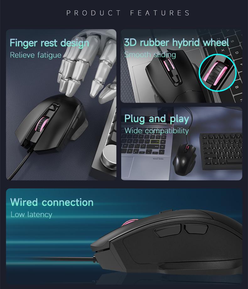 NJ05 wired office mouse with light sound buttons and finger drag design AJAZZ ergonomic office supplies mouse DPI3600 optical engine chip 125Hz 3D rubber roller lightweight 91g suitable for gaming and office use