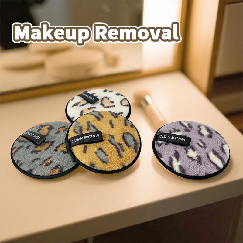 4pcs Makeup Remover Face Puffs, Leopard print Cleansing Makeup Remover pad, Reusable Washable Facial Cleansing Pads Wet And Dry Dual Use