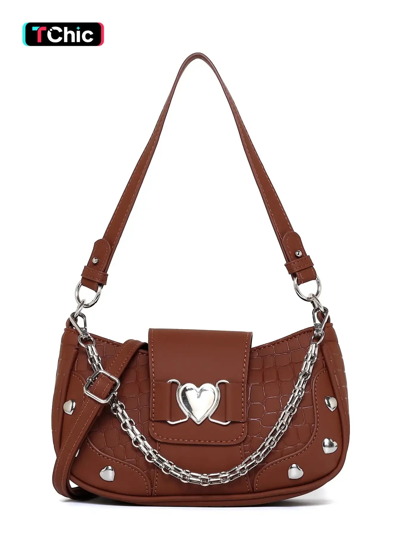 New Retro Sweet Cool Girl Bag, Yk2 Shoulder Crossbody Bag, Heart Metal Buckle, Unique Design, Versatile Commuter Lady Bag, Rivet Style