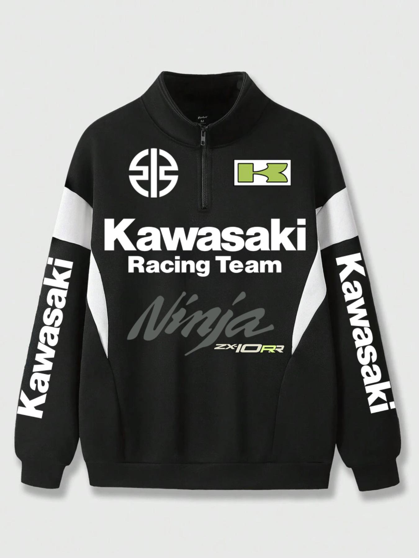 Men's Kawasaki Racing Team Graphic Zip Up Sweatshirt, Regular Fit Casual Fashion Long Sleeve Half Zip Sweatshirt for Daily Wear, Men's Clothes for Fall & Winter, Athletic Sports Clothing