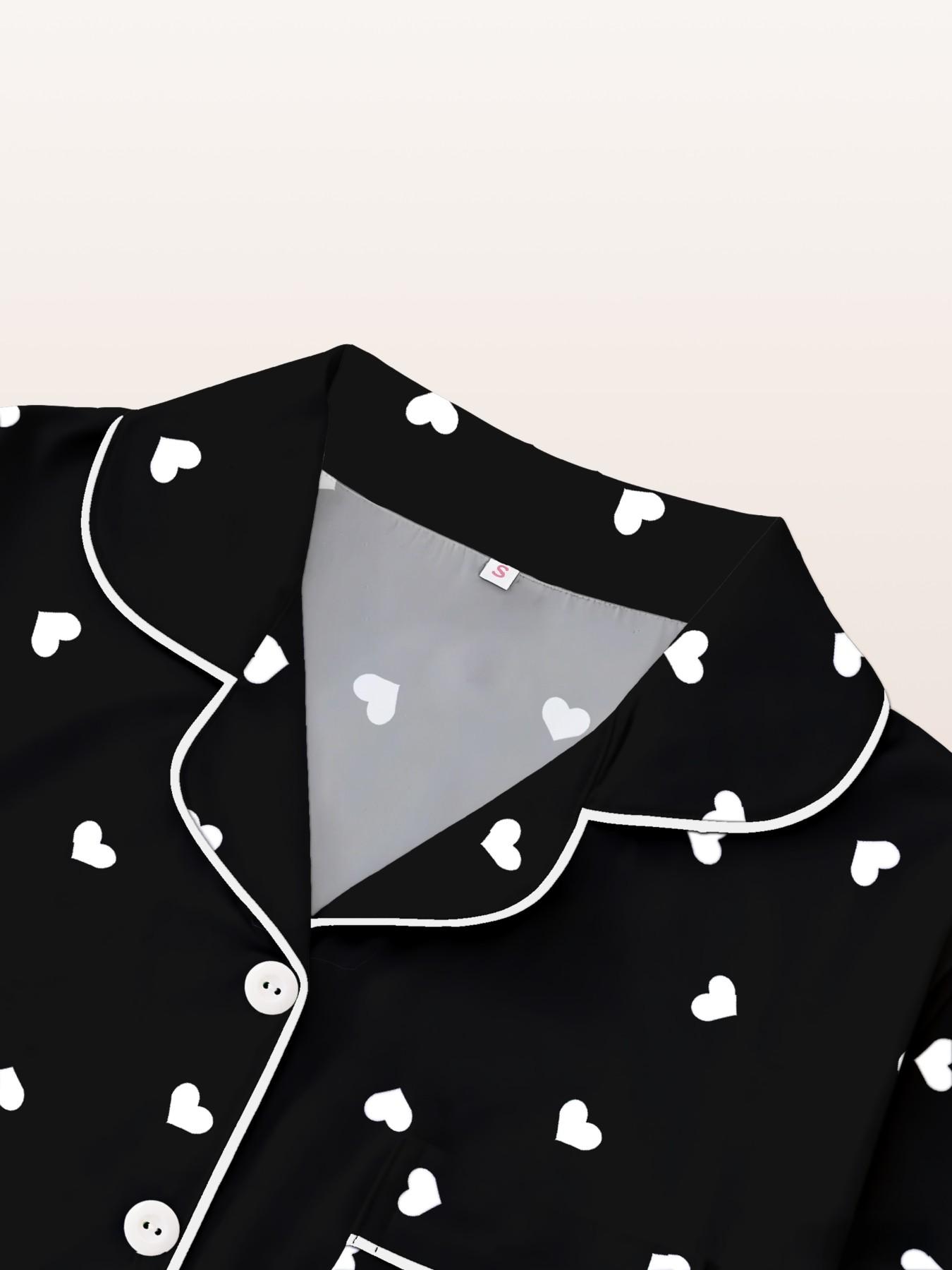 Women's Sleepwear Set, Short Sleeve Cardigan Top + Shorts + Pants, Heart Peach Print, Casual Fitted All Seasons