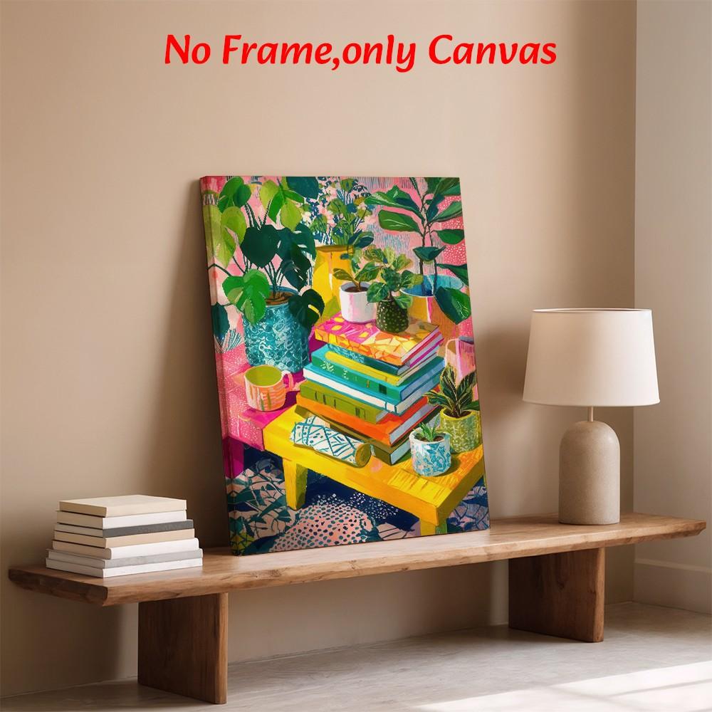 Vibrant Wall Art, Colorful Maximalist Houseplant & Book Stack Still Life Poster, Boho Expressionist Style Printing, Multicolor Bright Tone Canvas Decoration, Living Room & Study Aesthetic, Perfect Housewarming Gift, Framed.