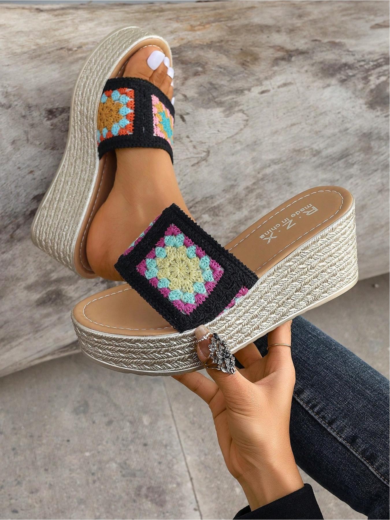 Vintage Bohemian Resort Style Handmade Crochet & Straw Wedge Heels, Breathable, Thick Sole, Anti-Slip, Multiple Sizes & Colors, Perfect for Daily Wear