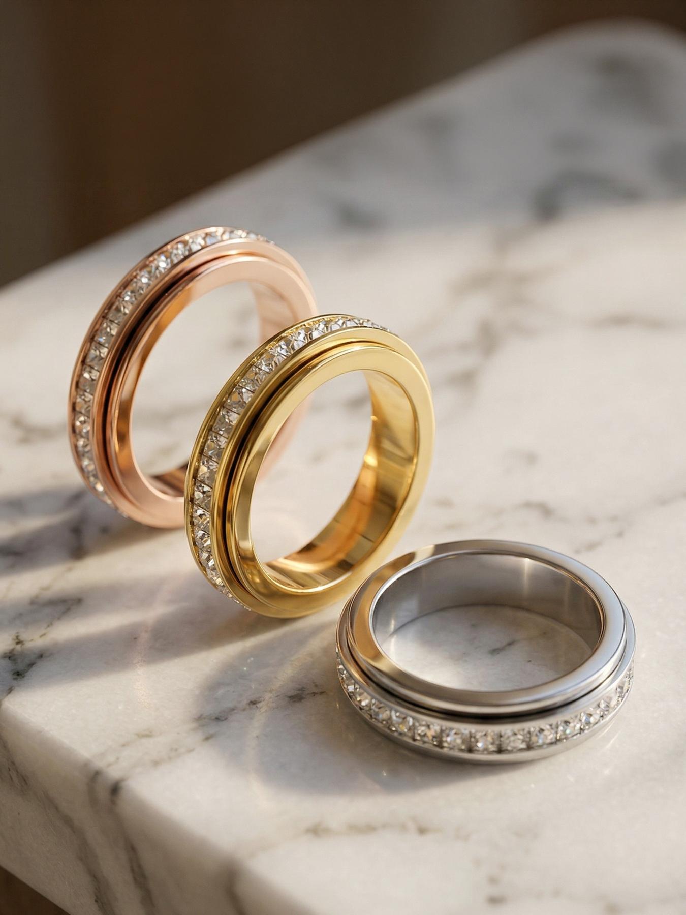 3-piece 18K anti-anxiety ring, fortune-turning rotating stress-relieving ring inlaid with zirconia to relieve anxiety # Jewelry/Stainless Steel/Fade-resistant/Allergy-proof/Couples/Festivals/Parties/Ideal Gift