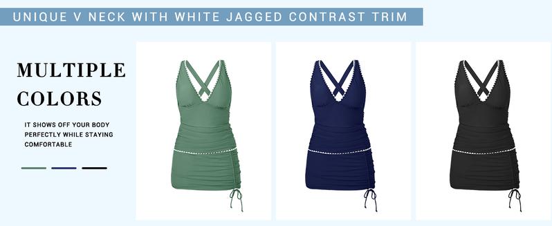 FISOEW Womens Tummy Control Tankini Swimsuits 2 Piece V Neck Criss Cross Drawstring Skort Bottom Bathing Suits Swimming Tankinisuit High Waist Swimwear