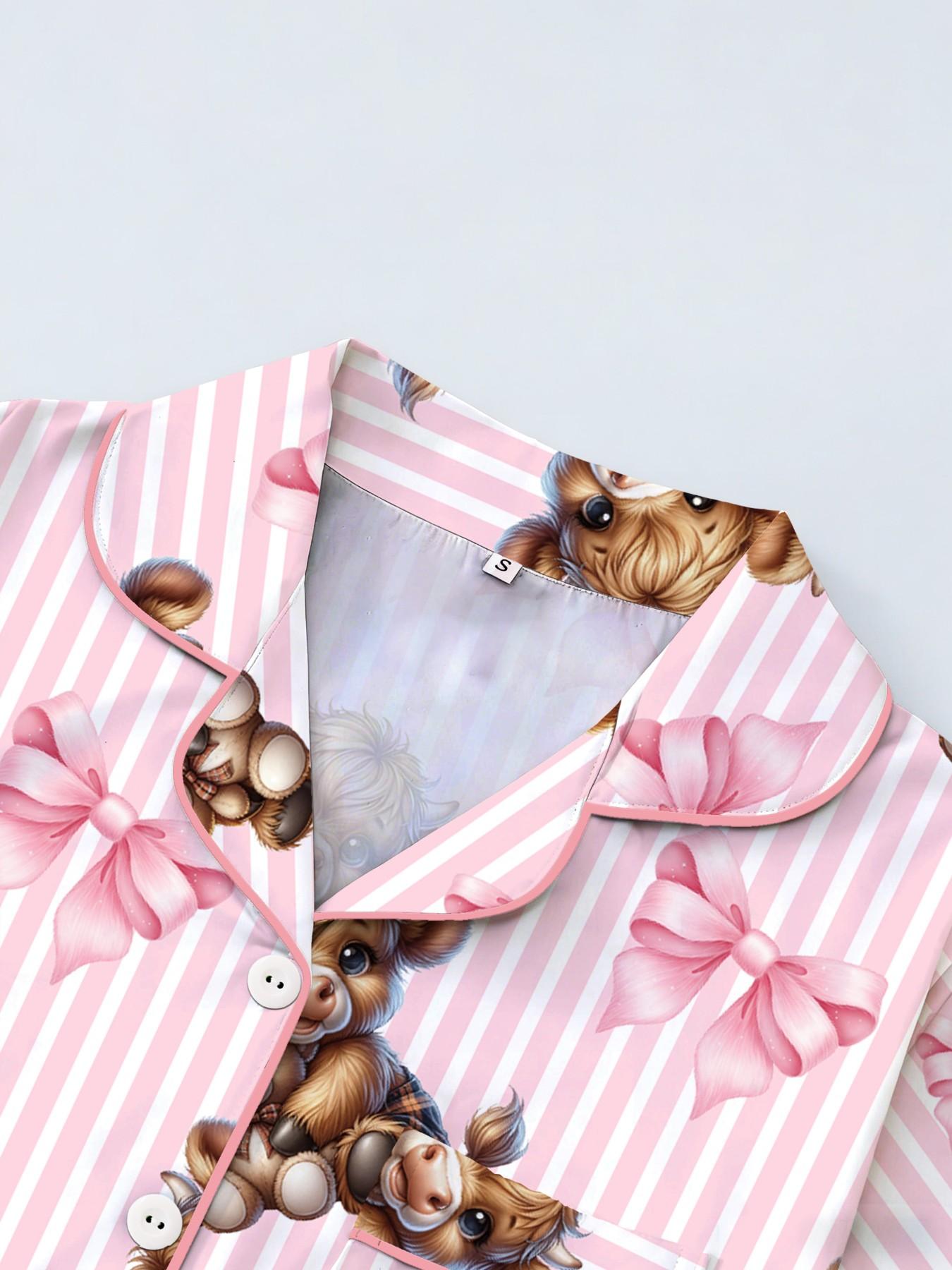 Spring Summer Women's Sleepwear Set, Bear Print Cardigan Short Sleeve Sleep Pajamas Shorts, Casual Loose Fit Home Wear, Comfortable All Seasons, Pajama Set