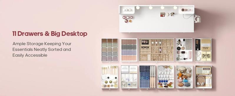 Sikaic Makeup Vanity with 11 Drawers and 6 Open Shelves Modern Dressing Table with 3 Color Modes Lights, Power Strip and Storage