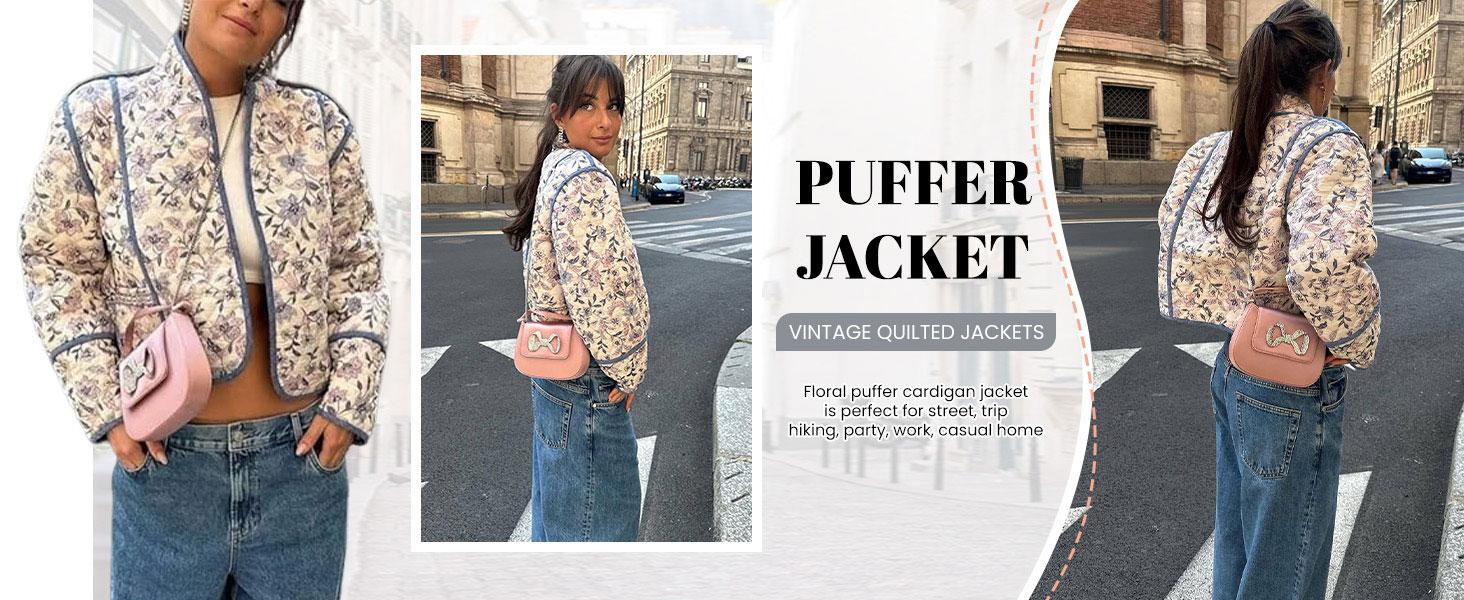 Women's Cropped Floral Quilted Jacket Cardigan Printed Lightweight Open Front Padded Puffer Coat-New Products