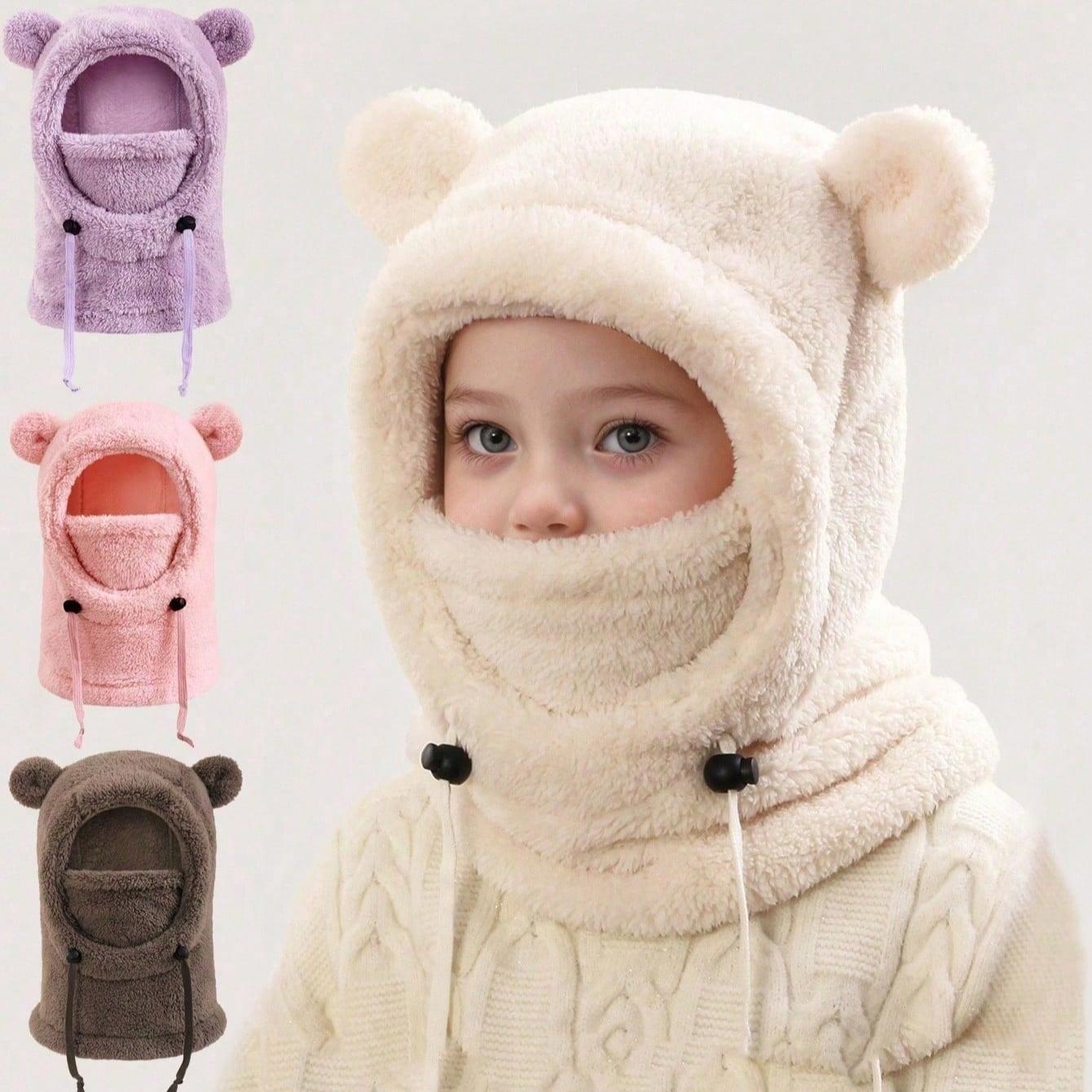 Autumn/Winter Kids Hooded Hat with Cute Bear Ears, Fleece-Lined Scarf and Mask, Unisex Children Outdoor Windproof Animal Headwear, Hooded Bonnet
