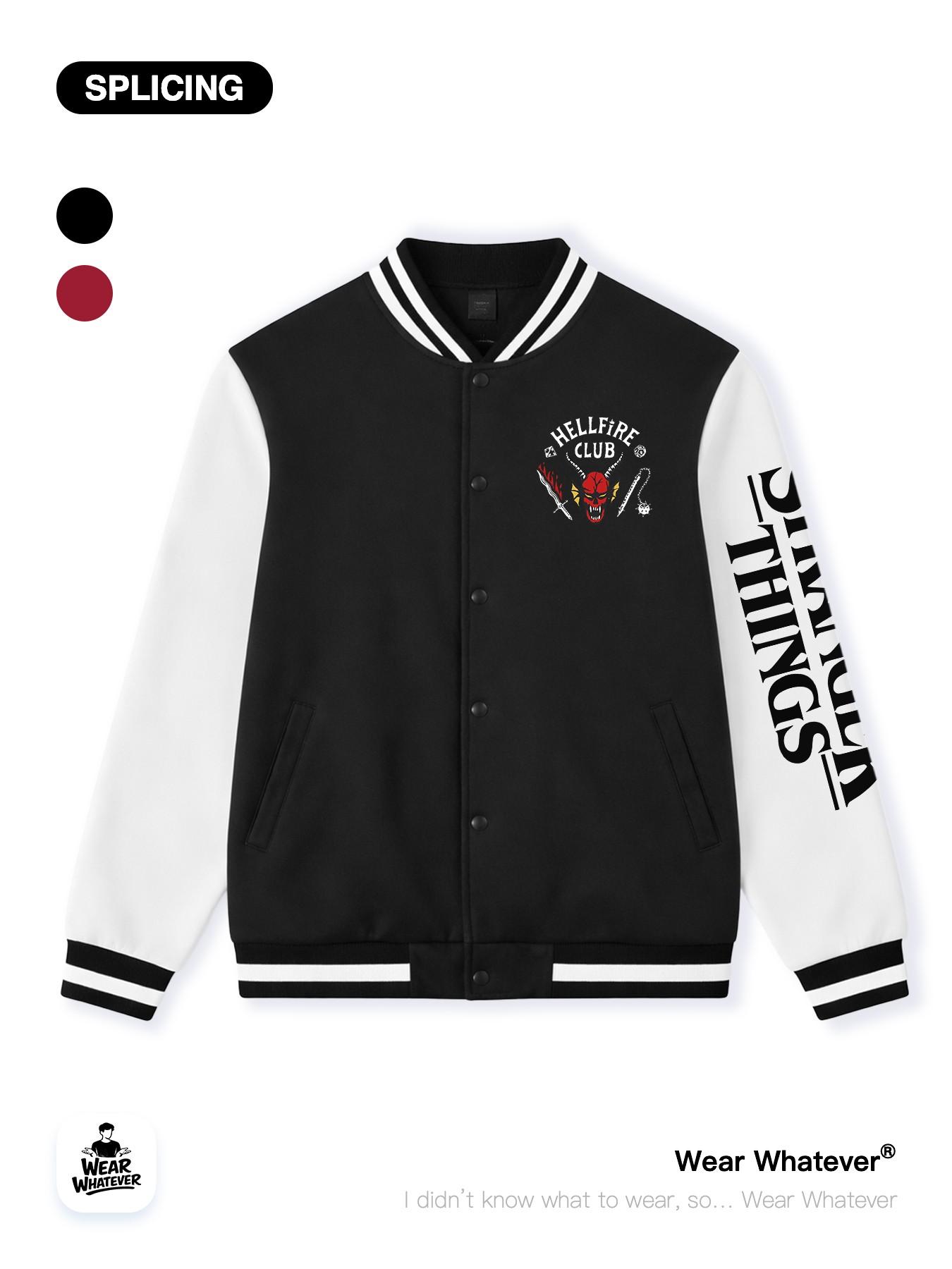 Stranger Things Hellfire Club Graphic Print Baseball Jacket, Casual Fitted Warm Breathable Top, Suitable for Outdoor and Home Wear
