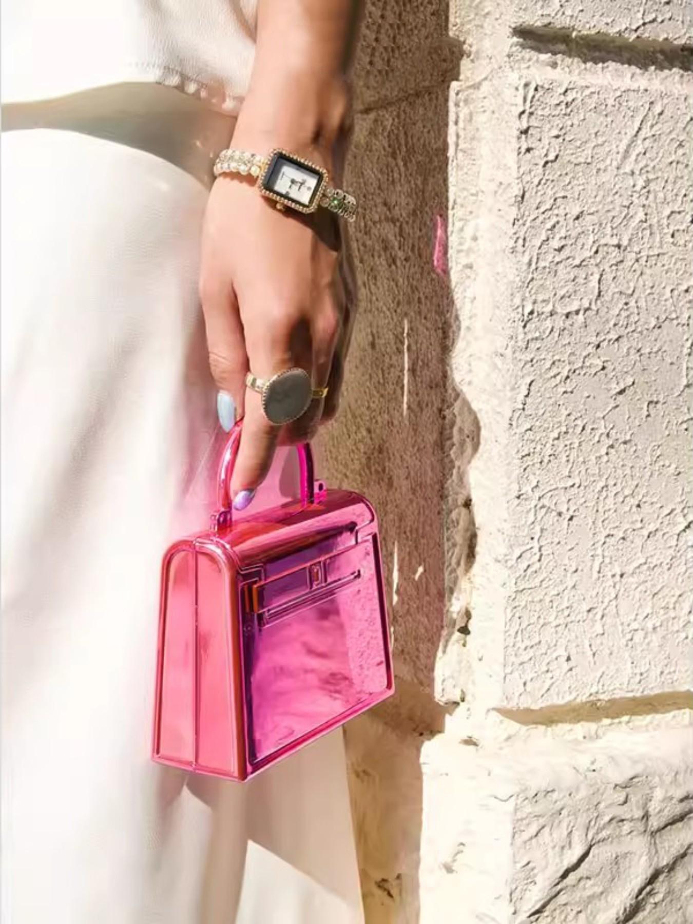 Spring Summer Glossy Acrylic Mini Bag, Kelly Platinum Small Square Bag, Party Handbag, Retro Lock Clutch, Lady Chain Wallet, Evening Box Bag