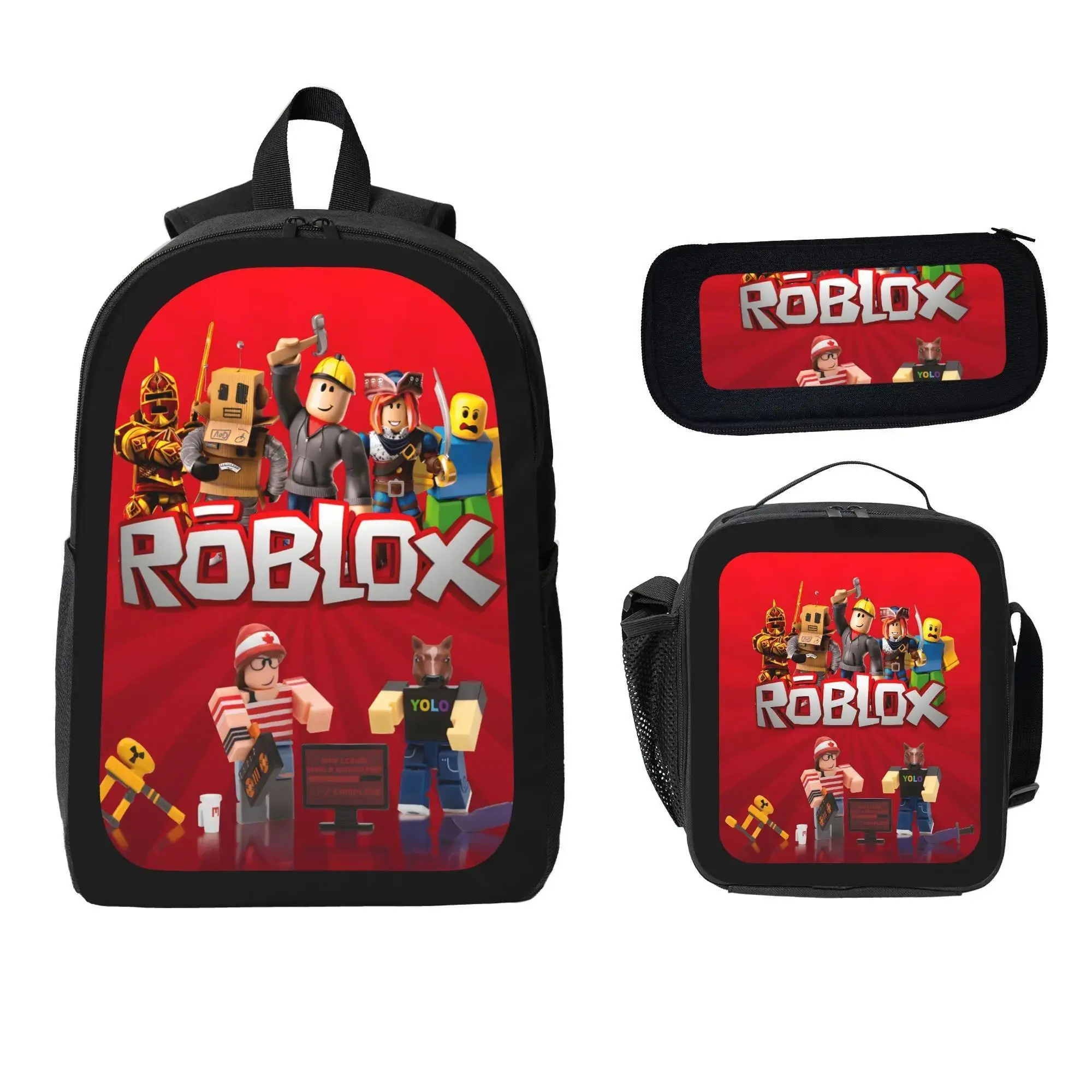 Unisex Roblox Themed 3-Piece School Backpack Set with Lunch Bag & Pencil Case, 600D Oxford Cloth Polyester, Lightweight, High-Capacity, Adjustable Backpacks, Zipper-Closure, Breathable Mesh Back Panel