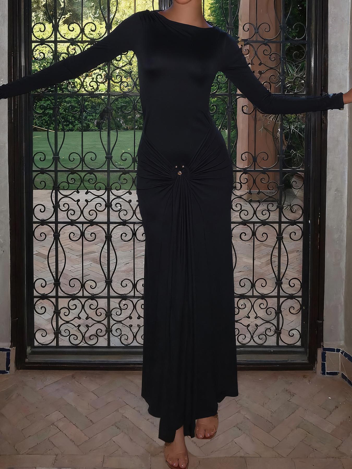 Elegant Women's Long Sleeve Dress with Ring Buckle Tie, Slim-Fit Casual Muslim Clothing for Fall & Winter, Plain Color Daily Wear, Modest Solid Color Dress, Modest Muslim Outfits