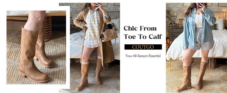 Coutgo Women's Knee High Boots Square Toe Chunky Block Heel Tall Boots Comfortable Low Heel Shoes