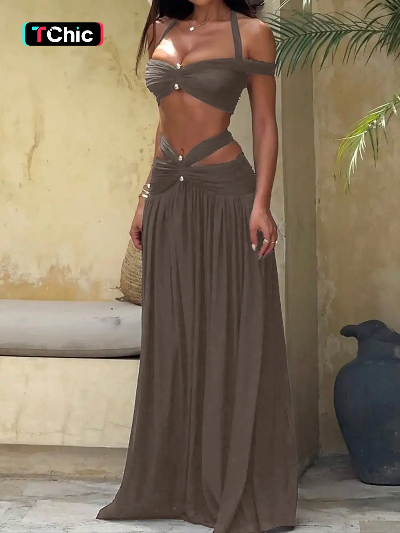 KAYWIDE Two-Piece Fashion Elegant Sexy Halter Sleeveless Hollow Out Slim Fit Crop Top and High Waist Long Skirt Set for Summer