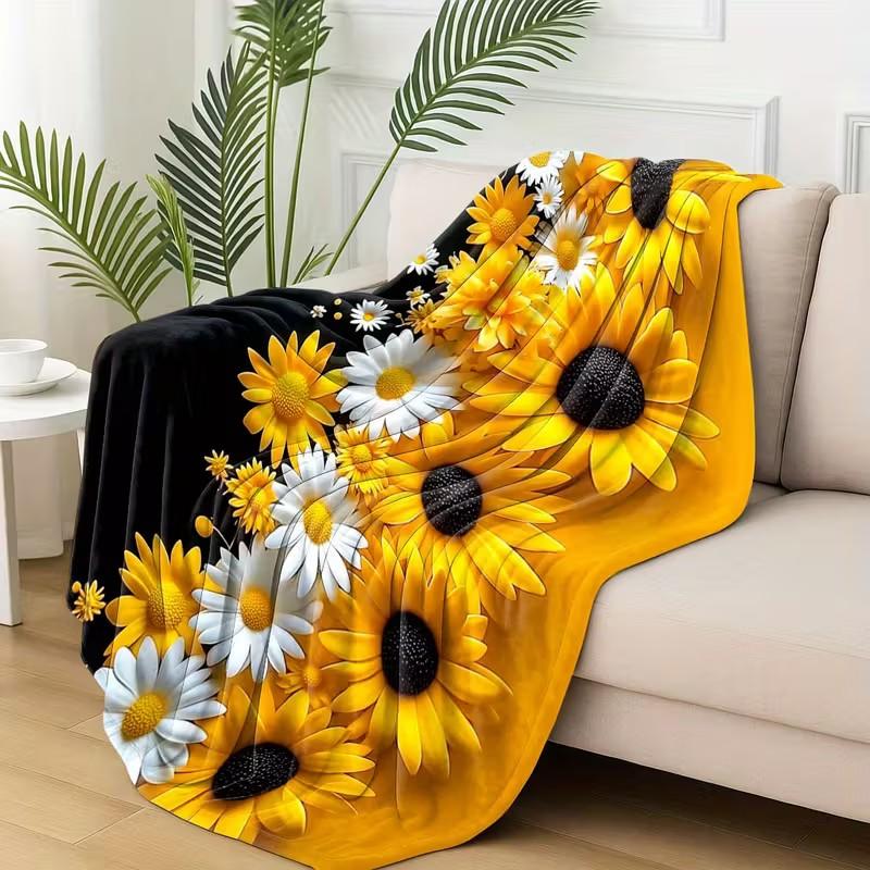 Flannel oversized sunflower floral pattern blanket, machine washable and non-fading - Floral Throw - a soft and warm product for all seasons suitable for living rooms, bedrooms, and terraces - a pet-safe large-area cover - ideal for use as a bed blanket