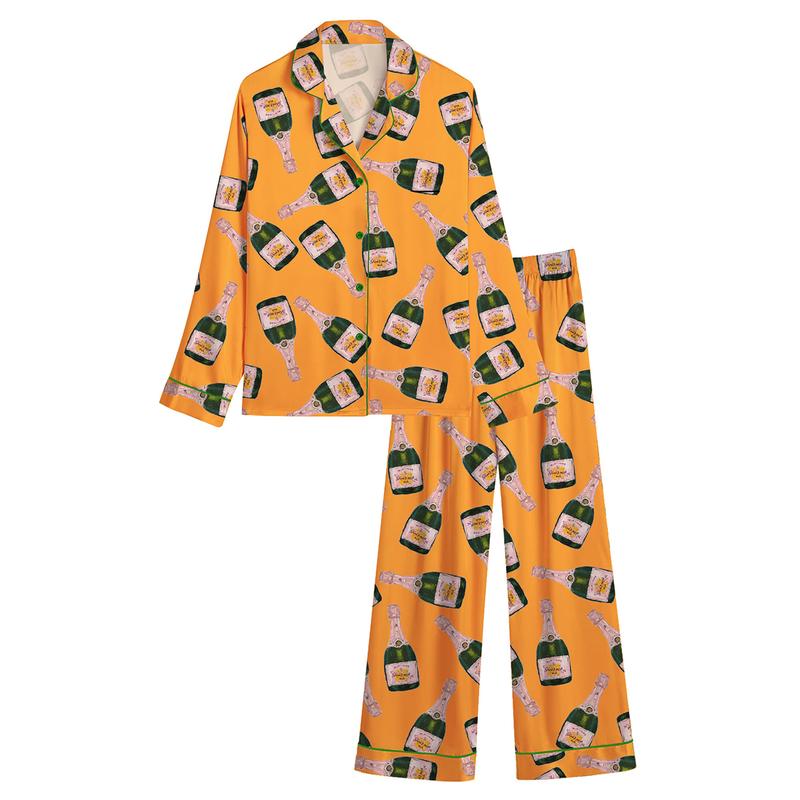 Champagne Bottles Pajama Set For Women Print Comfy Satin Sleepwear & Loungewear Pjs Printing Silky Top & Bottoms - SHESHOW