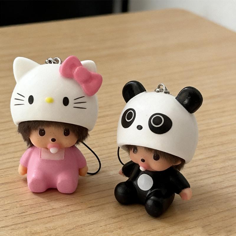 Hot-selling cute Hello Kitty and Monchhichi plush keychains, soft rubber 3D pendants, student schoolbag ornaments, car keychains, couple birthday gifts, creative cartoon merchandise, and girly accessories
