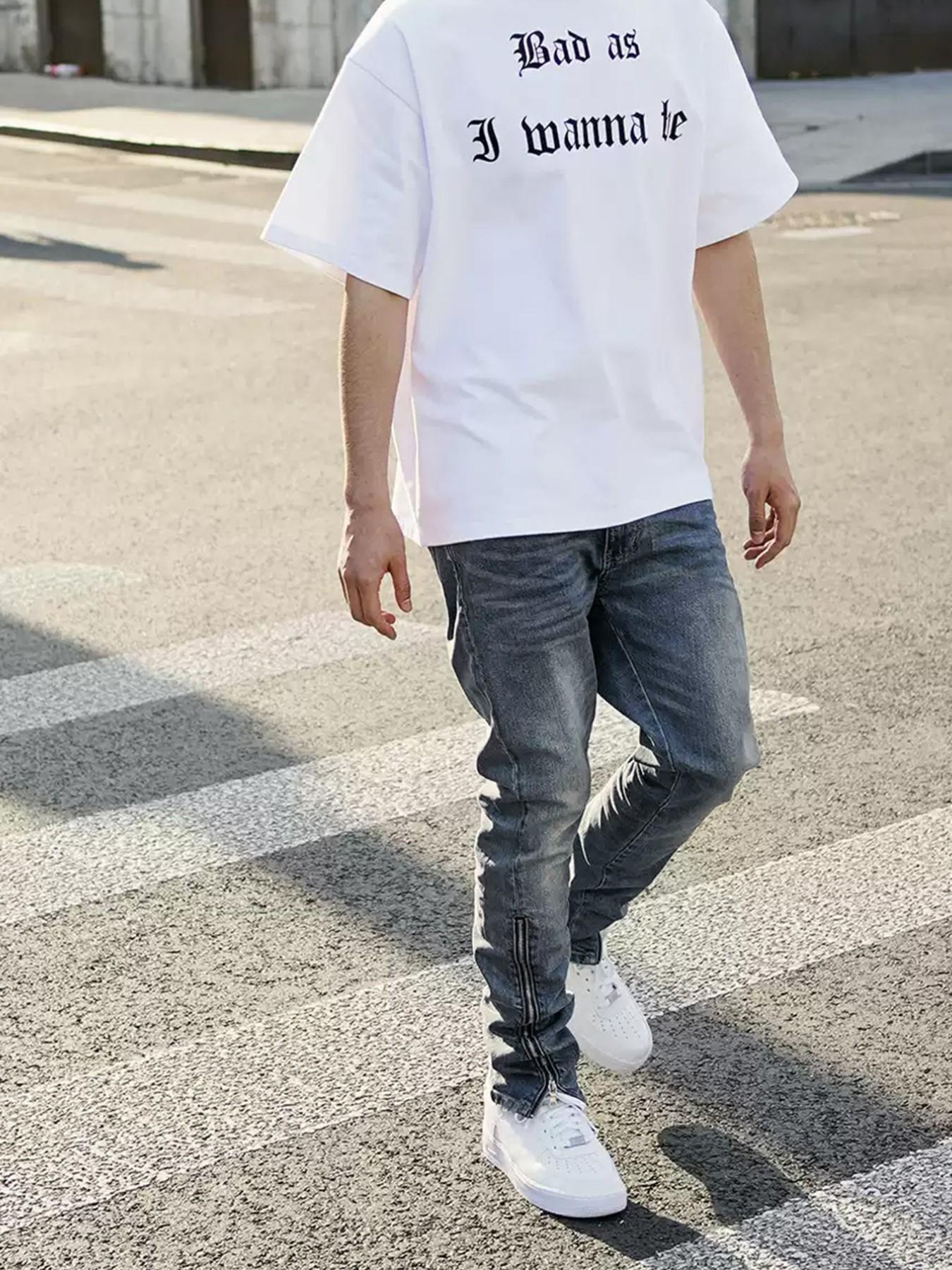 Men's Y2K Street Fashion Light Blue Distressed Jeans | Slim-fit Jeans with Ankle Zippers, Millennium Street Style Denim Pants, Essential for Urban Street Fashion