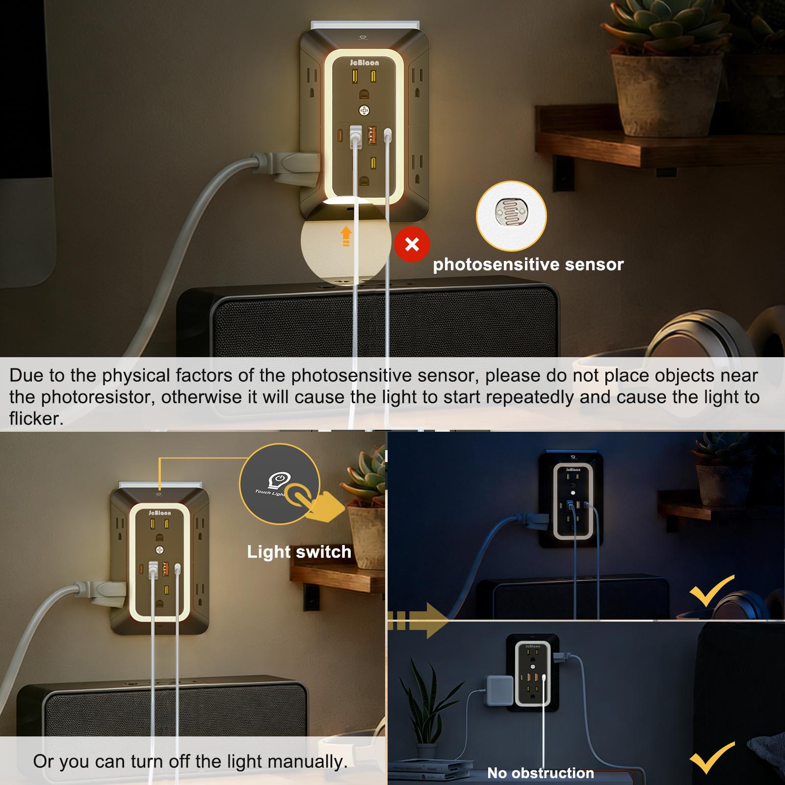 3-Pack Wall Outlet Extender Surge Protector with Night Light, 6-Outlet Power Socket Extender with 4 USB Ports (2 USB-C), 3-Sided Multi Plug Wall Adapter, Multifunctional Power Strip for Home, Office, Kitchen and Travel