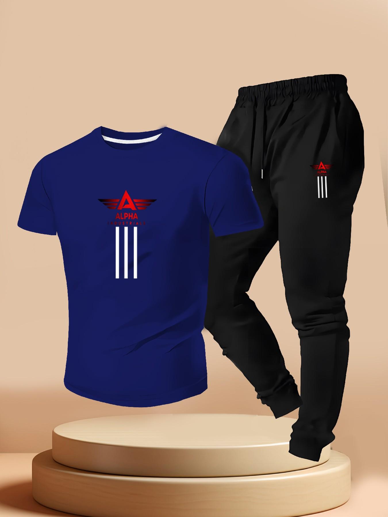 Men's Street Style Alpha Industrial Set, Short Sleeve Tee + Waistband Sports Pants, Summer Military Fashion Two-Piece