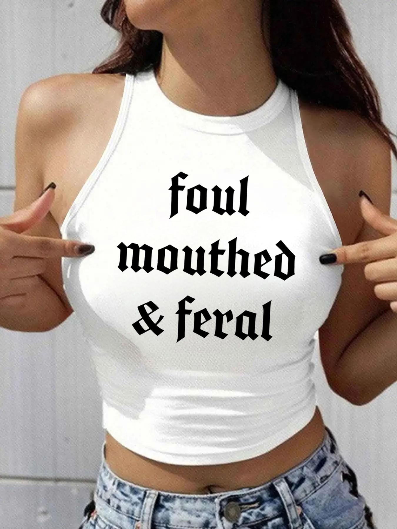 Women's Foul Mouthed & Feral Graphic Halter Top Grunge Aesthetic Sleeveless Crop Tank Top Gothic Punk Streetwear Slim Fit Backless Going Out Tops for Party Club Festival